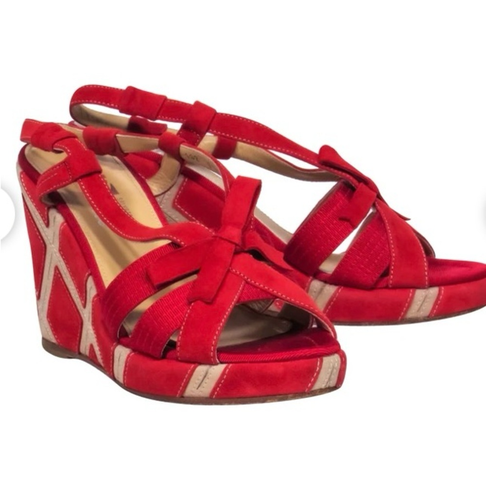 SALVATORE FERRAGAMO Open Toe Patterned Suede Bow Platform Wedges
